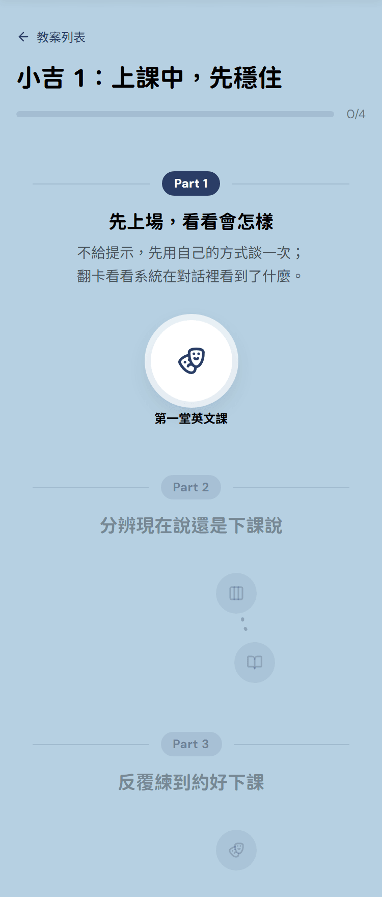 小吉 1 的教案地圖：第一段「先上場，看看會怎樣」，第二段「分辨現在說還是下課說」有兩份教材，第三段是反覆練習