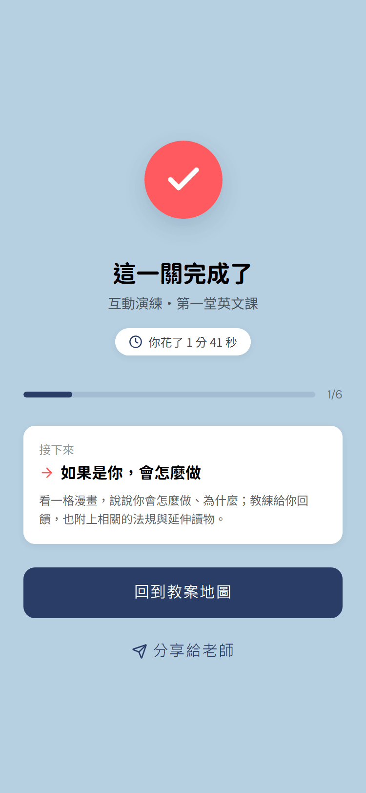 完成頁：中間一個打勾的圓形徽章，下面寫著這一關完成了與花的時間，再往下是下一關的介紹、「回到教案地圖」按鈕，最下面一行「分享給老師」