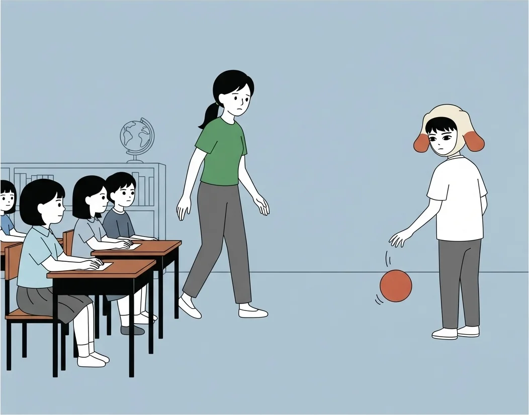 上課中，老師走向站在教室後方拍球、戴著垂耳狗毛帽的男孩，其他同學坐在座位上看著