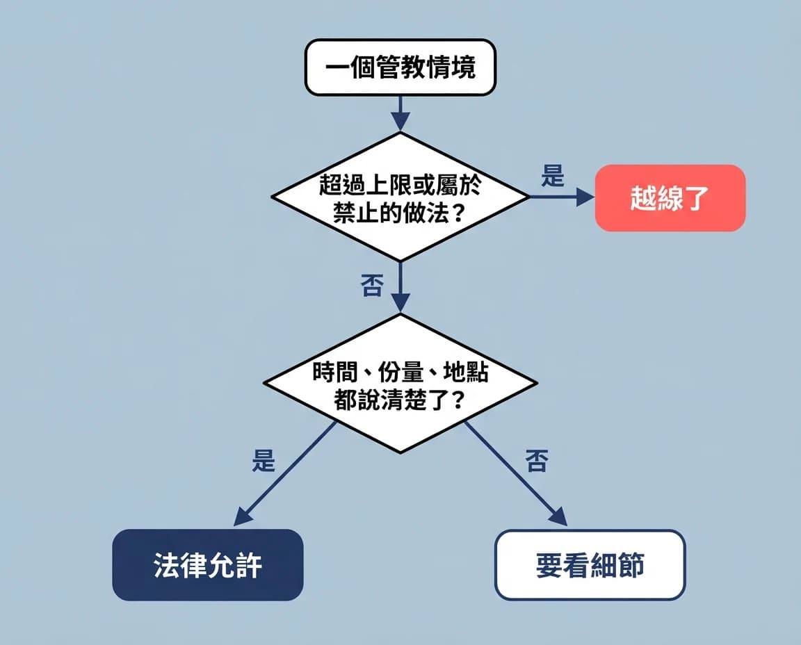 判斷流程圖：一個管教情境，先問是否超過上限或屬於禁止的做法，是就越線；再問時間、份量、地點是否都說清楚，是就法律允許，否則要看細節
