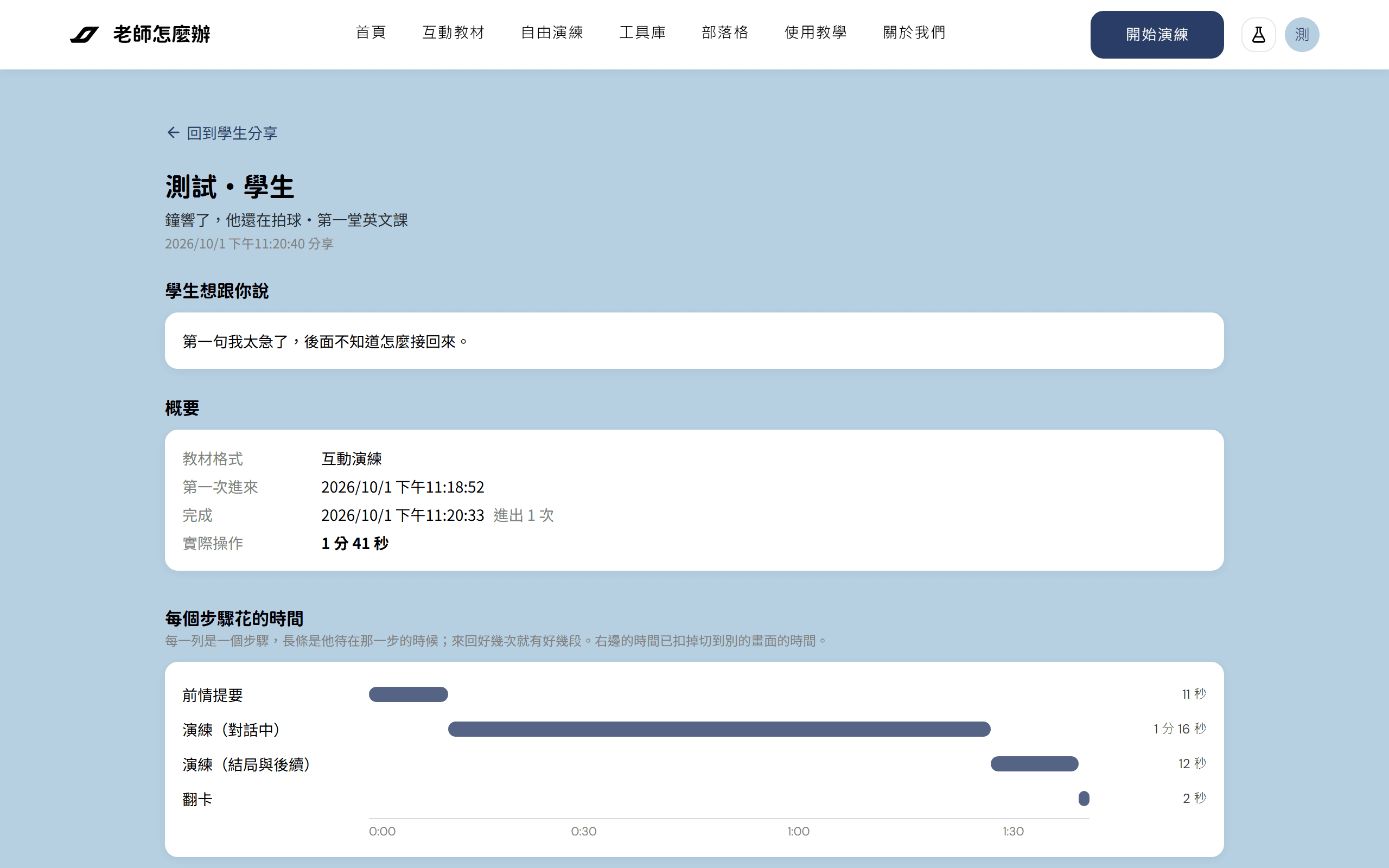 班級後台的作答報表:最上面是學生名字與教案名稱,接著是學生想跟老師說的一句話、時間概要,和每個步驟花的時間